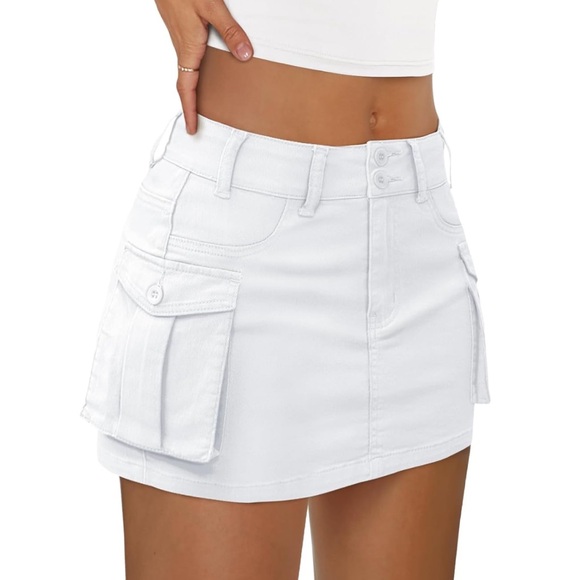 White LILLUSORY Women Cargo Mini Skirt Denim Jean Dress with Pocket size large - Picture 1 of 8